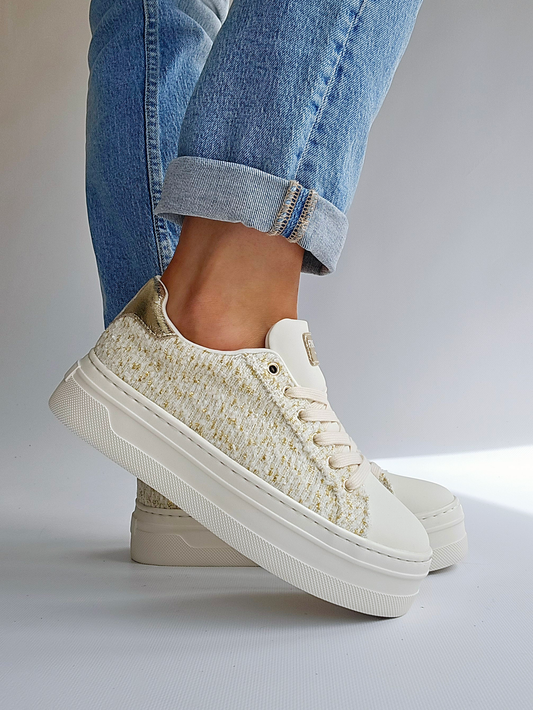 Basket semelle plate-forme extra légère Tweed Blanc & Doré