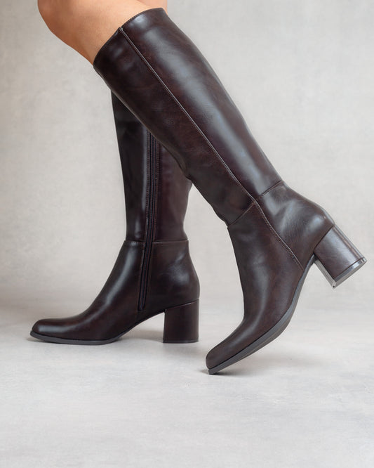 Bottes hautes à talon bloc – Simili cuir Chocolat