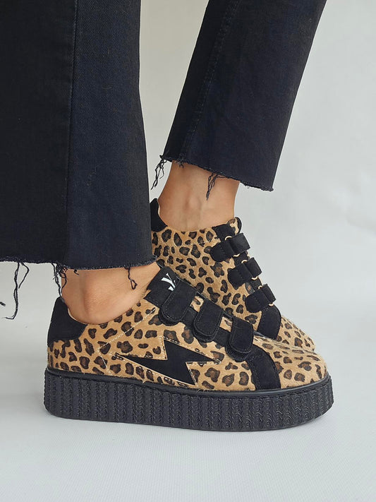 Baskets Vanessa Wu éclair Alia léopard beige et noir à scratchs