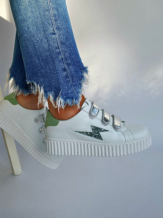 Baskets Vanessa Wu éclair Bonnie blanc et vert à scratchs argent