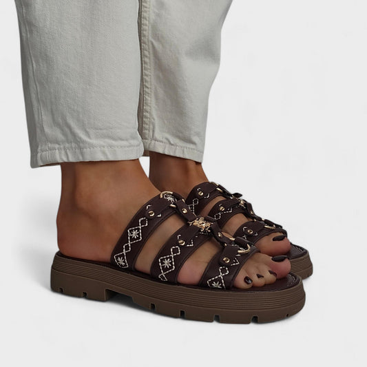 Mules à brides brodées soleil - Marron