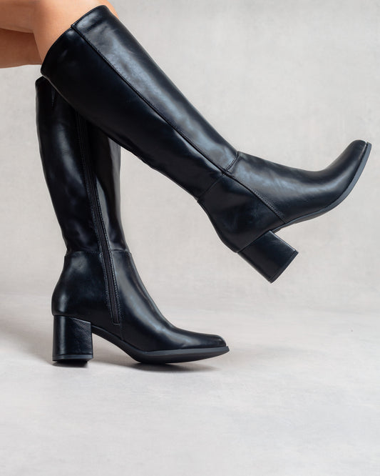 Bottes hautes à talon bloc – Simili cuir Noir
