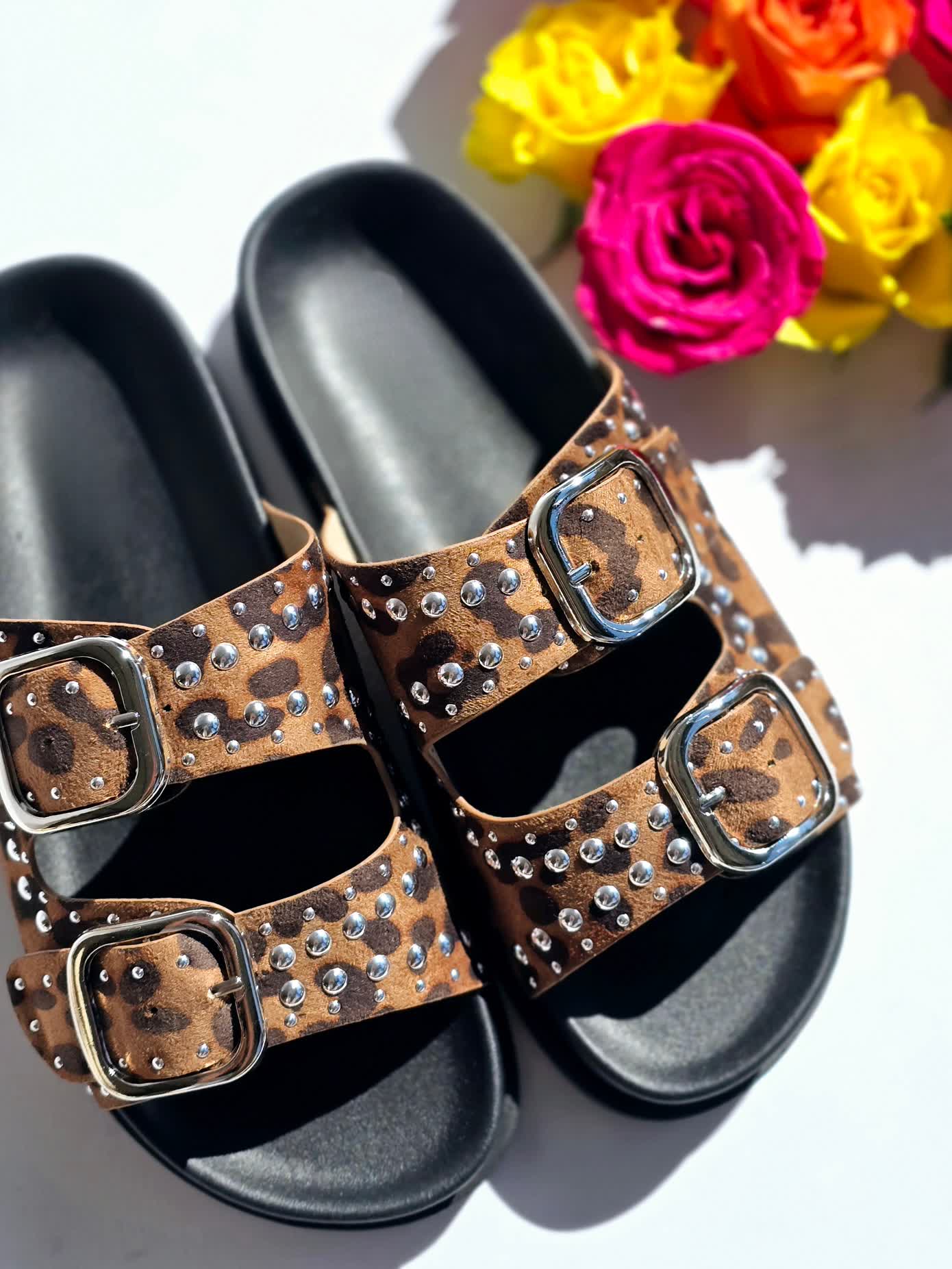 Mules doubles boucles Rivets Léopard
