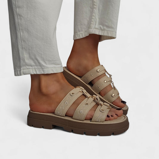 Mules à brides brodées soleil - Beige