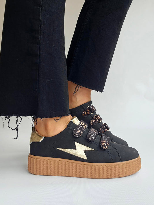 Vanessa Wu Aby black and gold lightning sneakers with leopard velcro