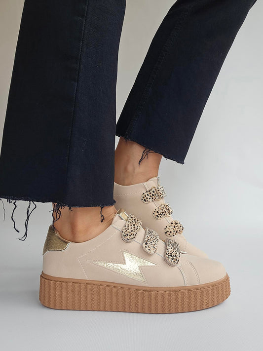Vanessa Wu Aby beige and gold lightning sneakers with cheetah velcro