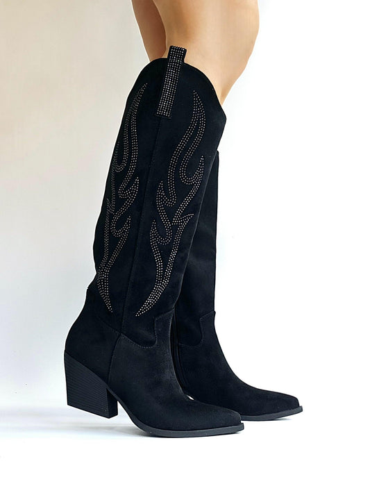 Bottes santiags détails flamme strass Noir