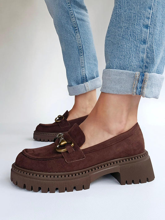 Mocassins suedine semelle épaisse boucle doré Marron