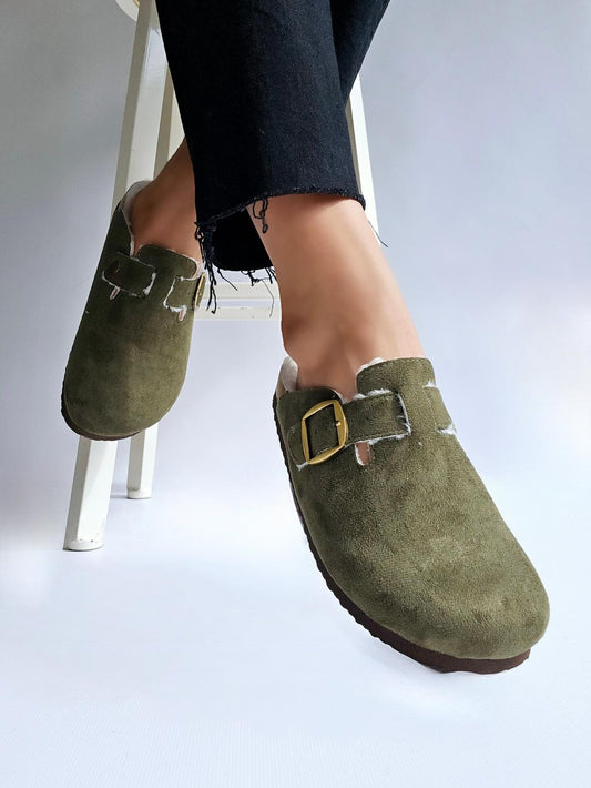 Mules sabot fourrées à boucle Kaki