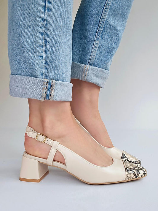 Escarpins slingback petit talon bi-matière Beige & effet python
