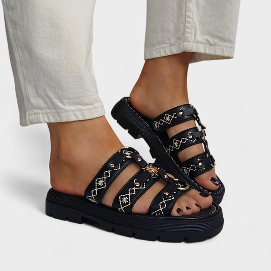 Mules à brides brodées soleil- Noir