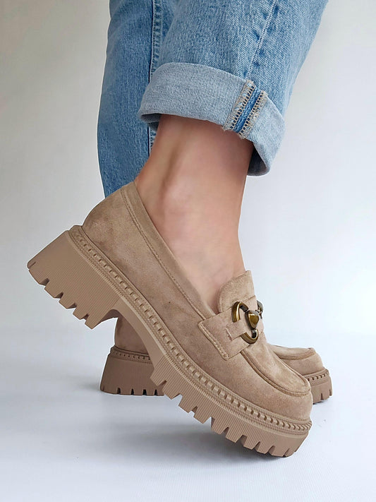 Mocassins suedine semelle épaisse boucle doré Taupe