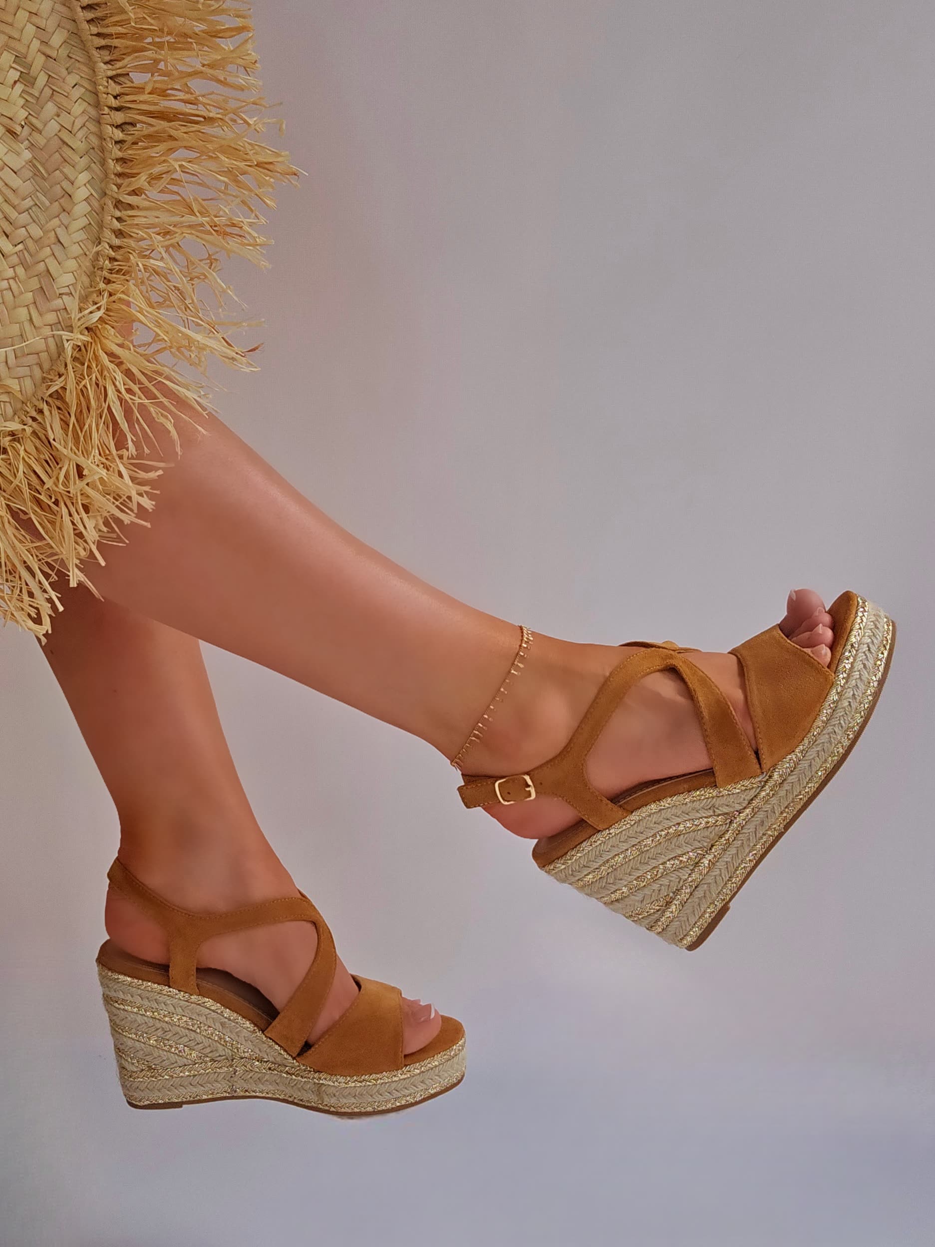 Sandales compensées espadrilles talon liseré Doré Camel