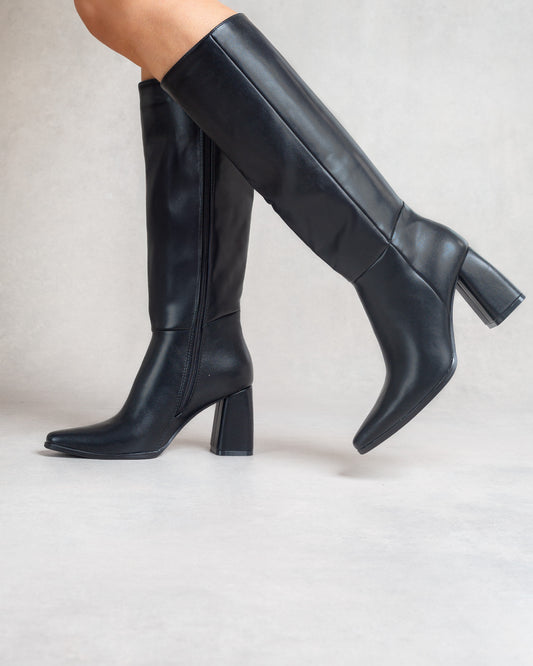 Bottes hautes à talon bloc – Simili cuir Noir