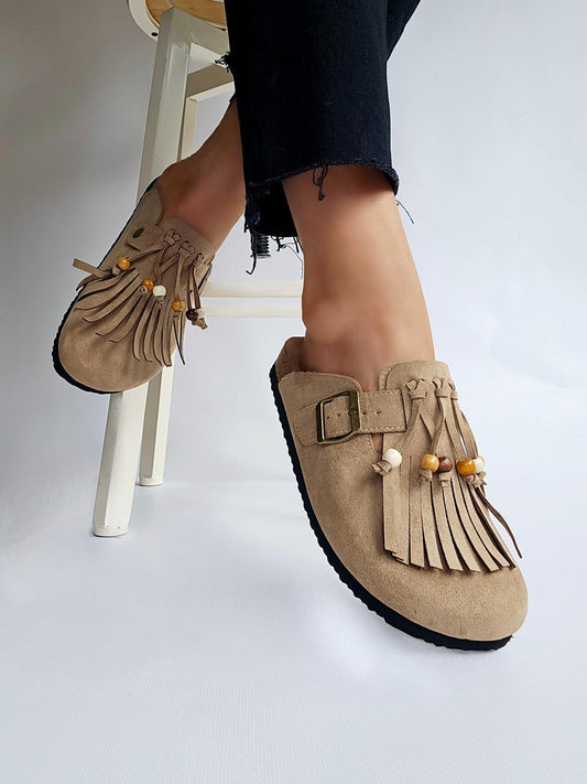 Mules sabot avec frange perles amovible Taupe