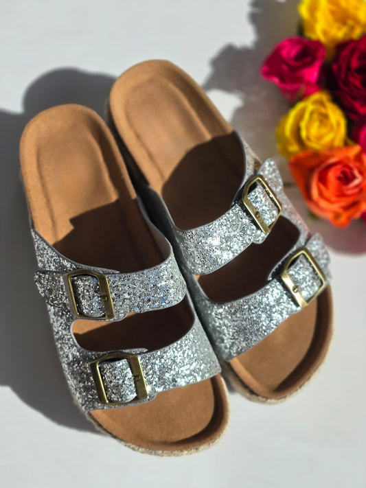 Silver Glitter Espadrilles Platform Mules