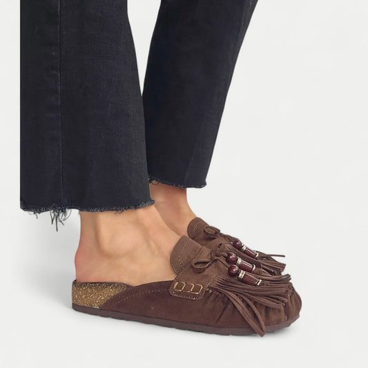 Mules mocassins frange - Corina Chocolat