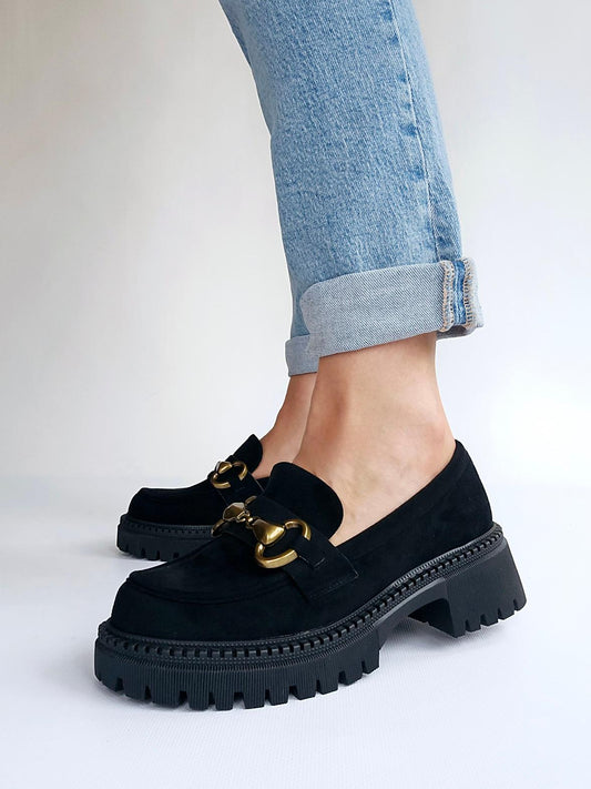 Mocassins suedine semelle épaisse boucle doré Noir