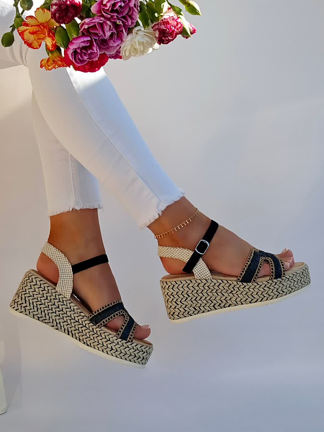 Espadrilles Compensées bride H Brodée Noir