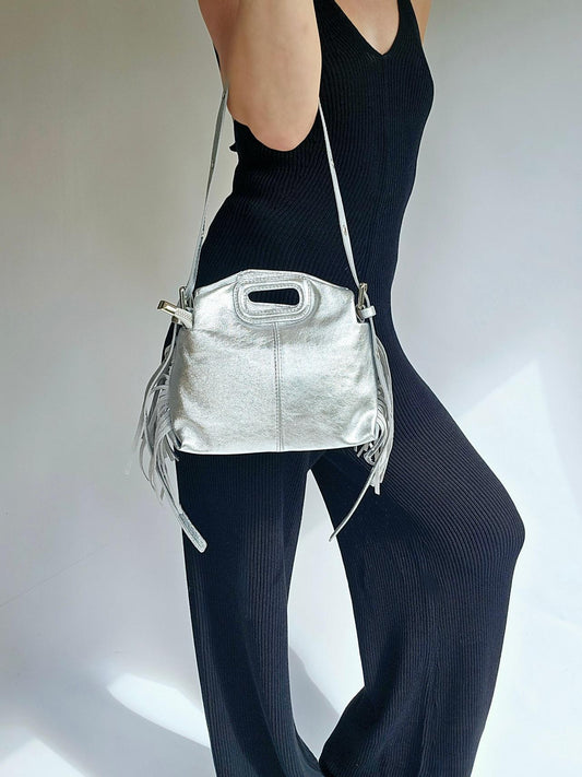Sac frange bandouillère rivets Petit Argenté