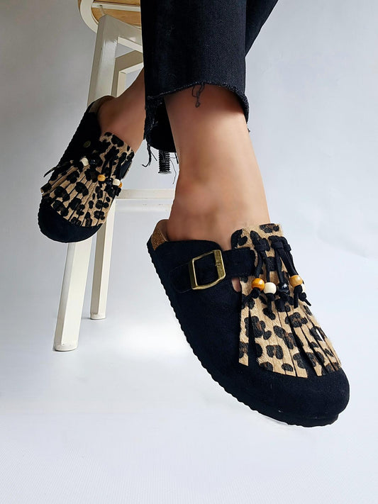 Mules sabot avec frange perles amovible Noir