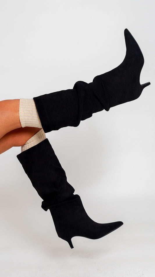 Bottes femme suédine talon fin - tige plissé Noir