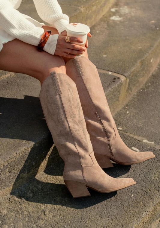 Bottes santiags détails flamme strass Taupe