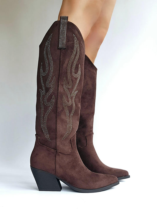 Bottes santiags détails flamme strass Marron