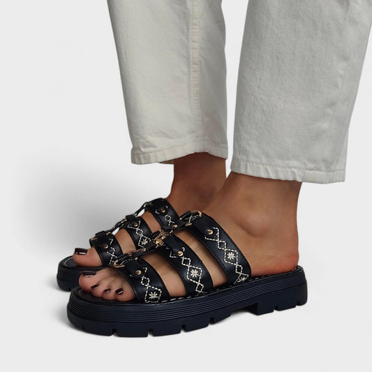Mules à brides brodées soleil- Noir