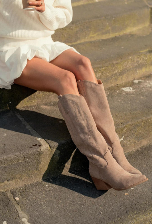 Bottes santiags détails flamme strass Taupe