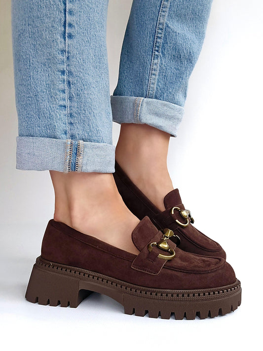Mocassins suedine semelle épaisse boucle doré Marron