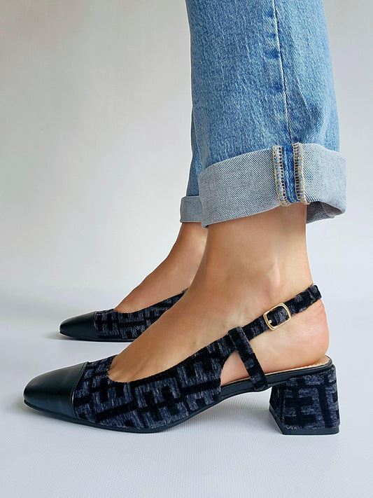Escarpins slingback petit talon motif velours Noir