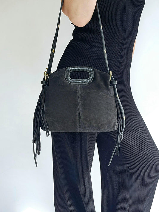 Sac frange bandouillère rivets Petit Noir