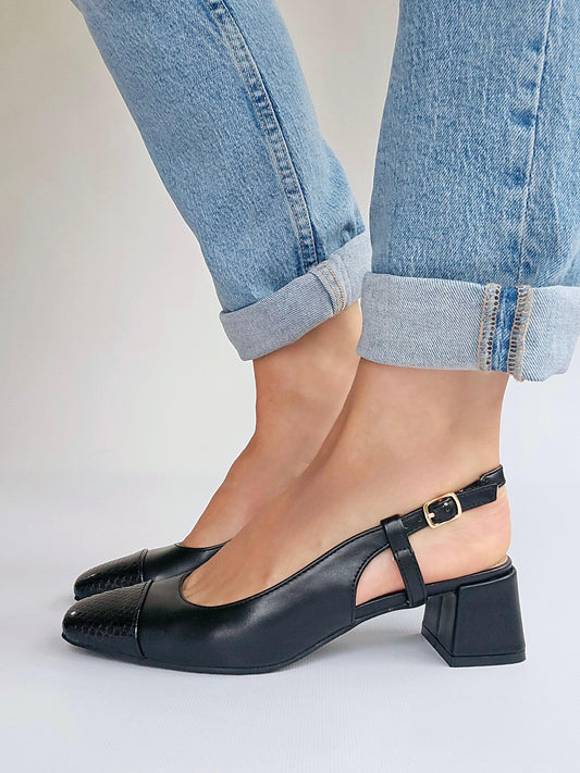 Escarpins slingback petit talon bi-matière snake Noir