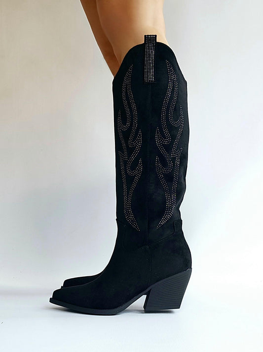 Bottes santiags détails flamme strass Noir