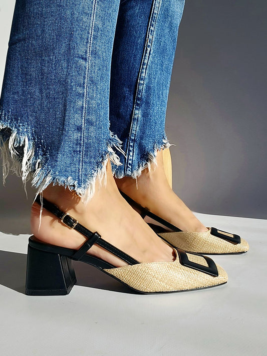 Escarpins slingbacks raphia Noir