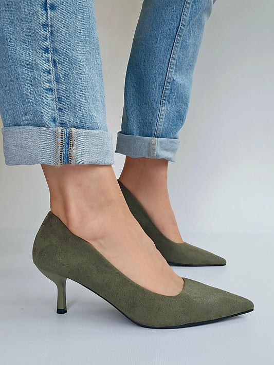 Escarpins petit talon suédine Vert kaki