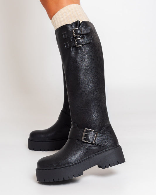 Bottes noires à sangles - semelle crantée épaisse