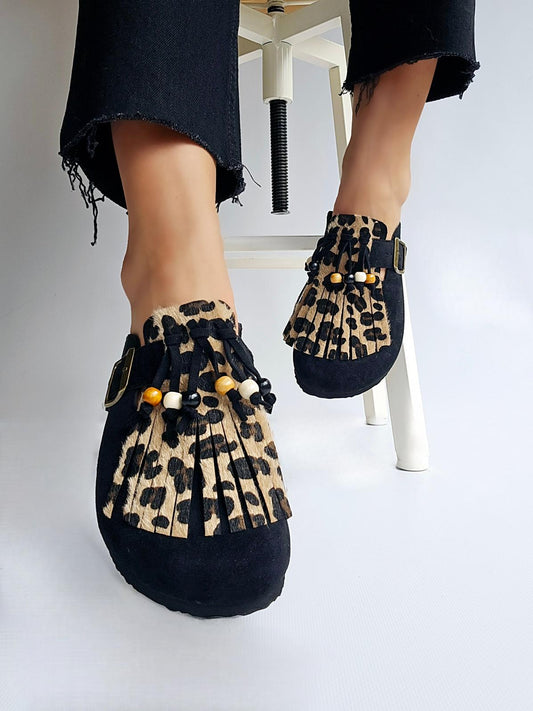 Mules sabot avec frange perles amovible Noir