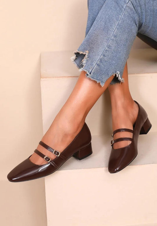 Escarpins Mary Jane à Double Bride Marron