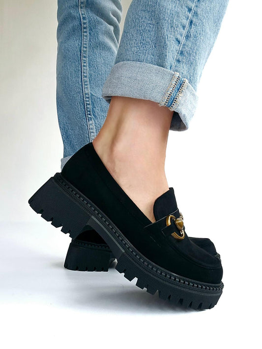 Mocassins suedine semelle épaisse boucle doré Noir