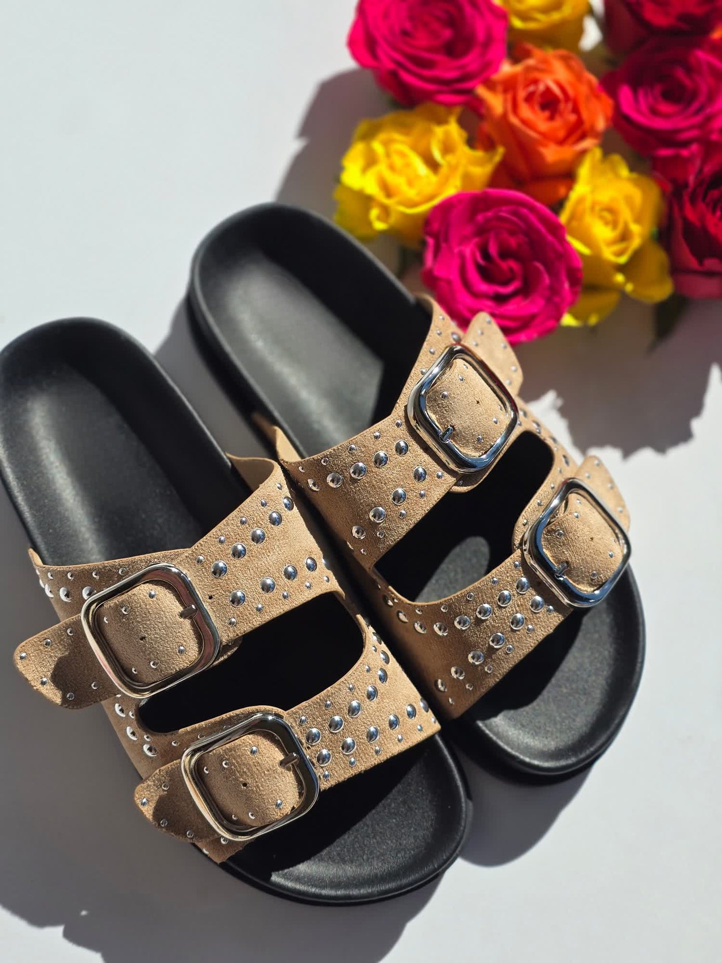 Mules doubles boucles Rivets Camel