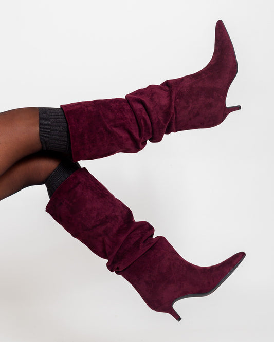 Bottes femme suédine talon fin - tige plissé Bordeaux