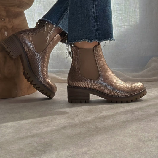 Chelsea Boots Femme Effet Craquelé Beige Doré