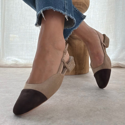 Slingback suédine bicolore Taupe & Choco