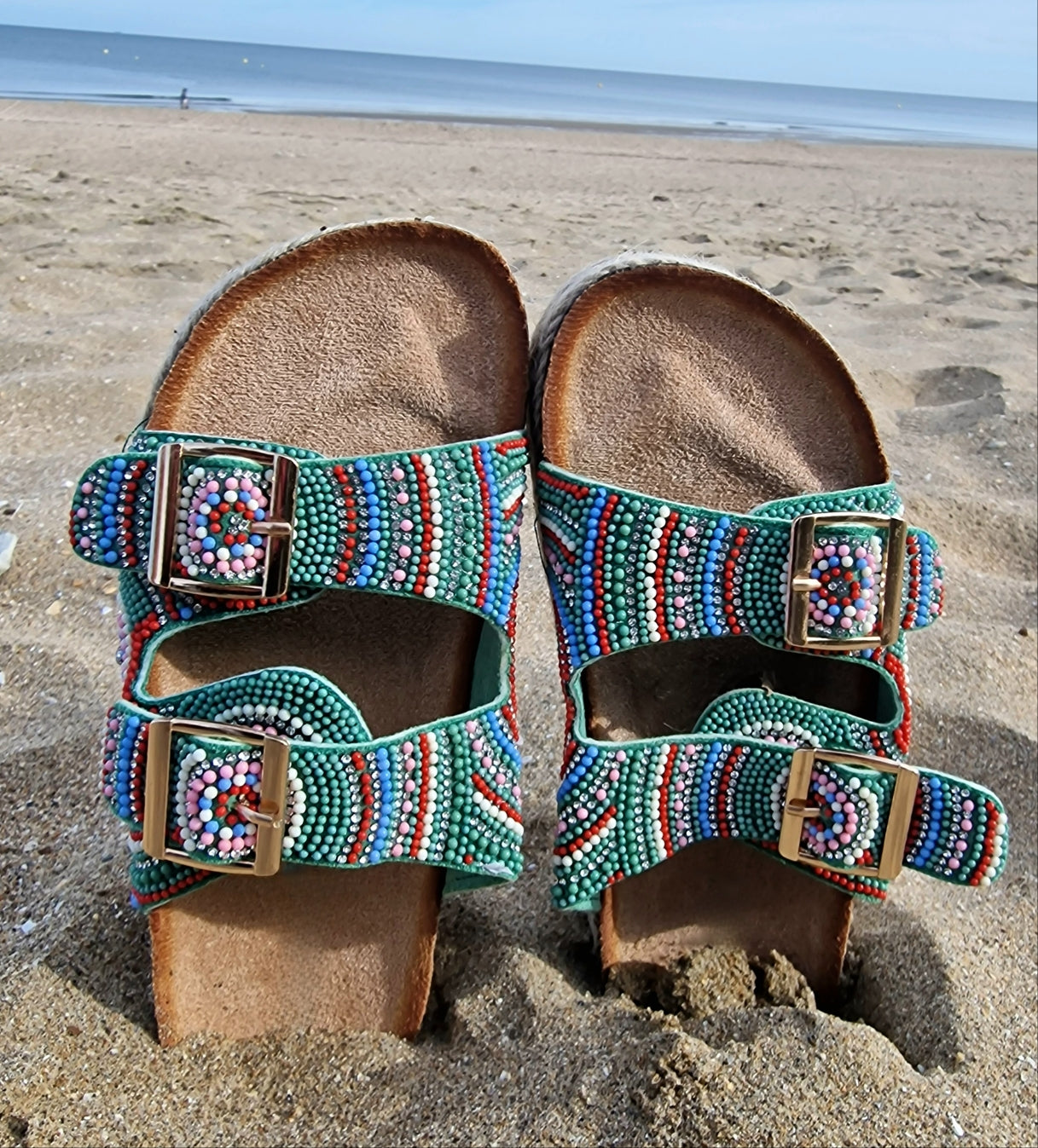 Green pearl espadrille mules