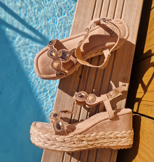 Beige Jewel Wedge Sandals