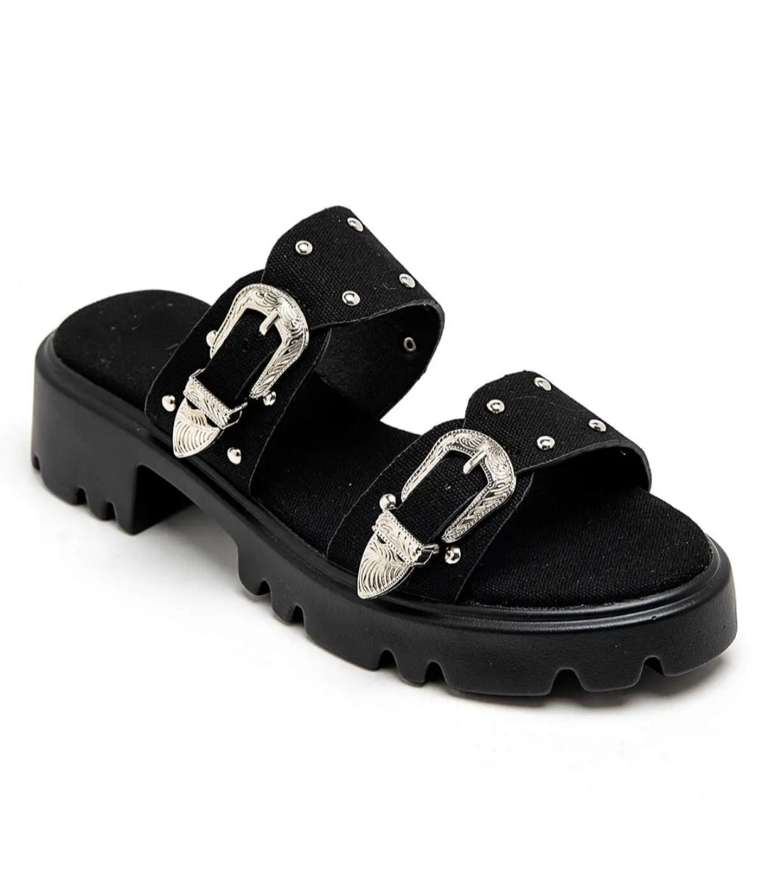 Mules en toile à talon double boucle Noir