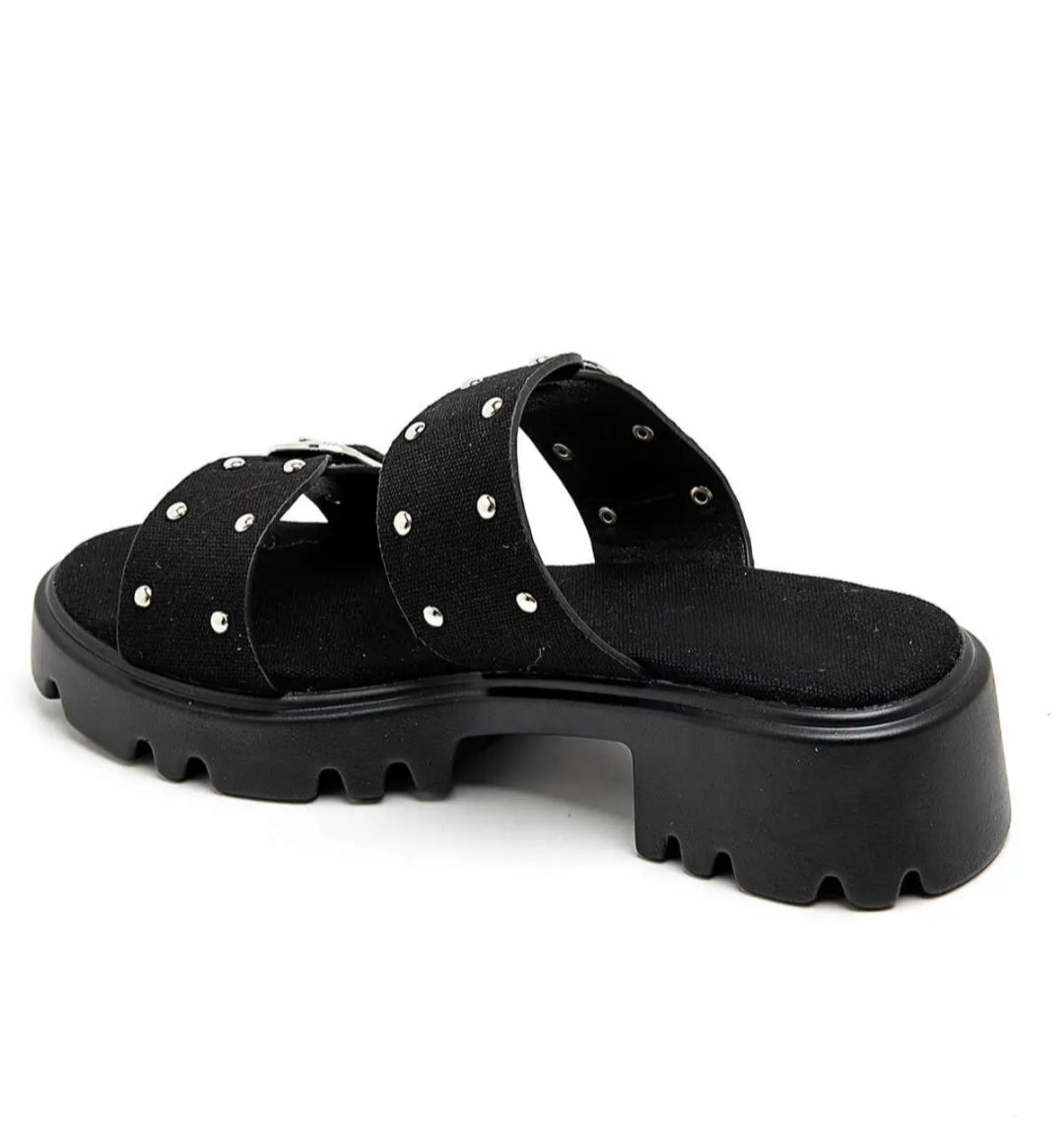 Mules en toile à talon double boucle Noir