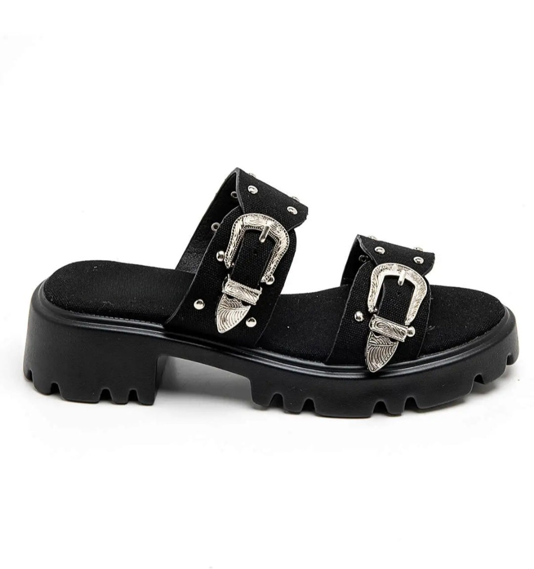 Mules en toile à talon double boucle Noir